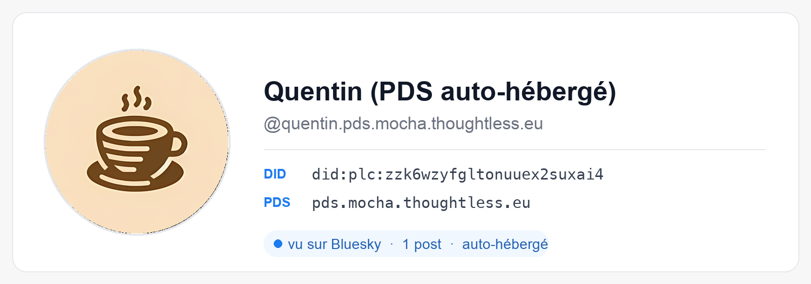 Profile card of the demo account quentin.pds.mocha.thoughtless.eu: avatar, DID and PDS.