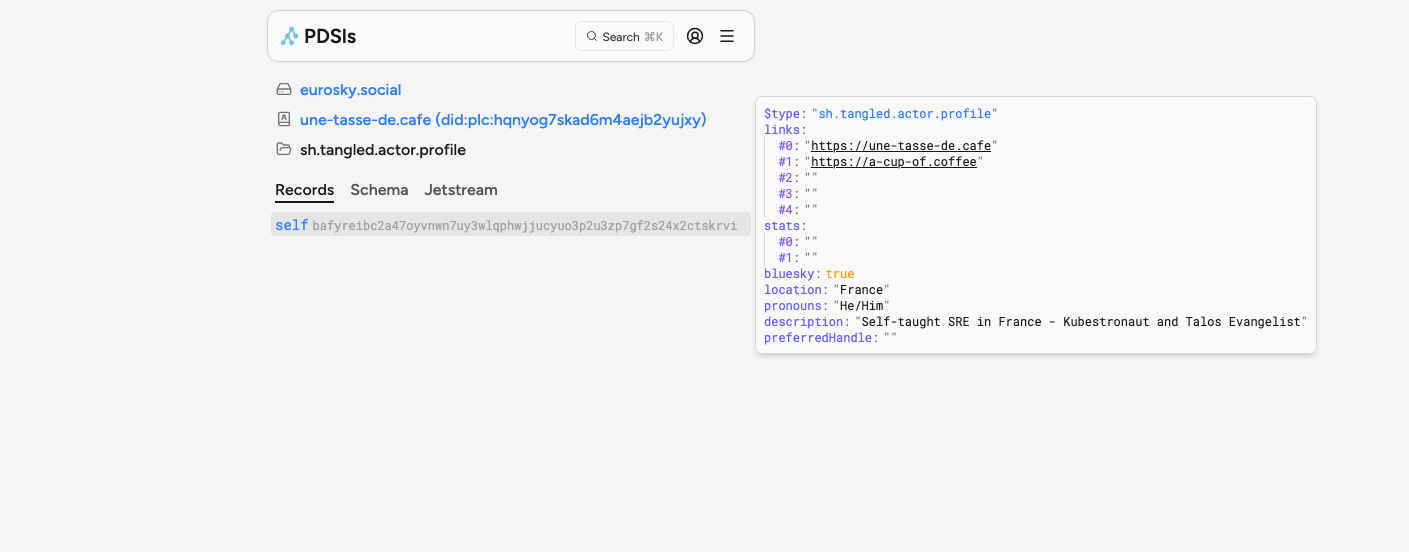 Screenshot of PDSls showing the sh.tangled.actor.profile record of the une-tasse-de.cafe account.